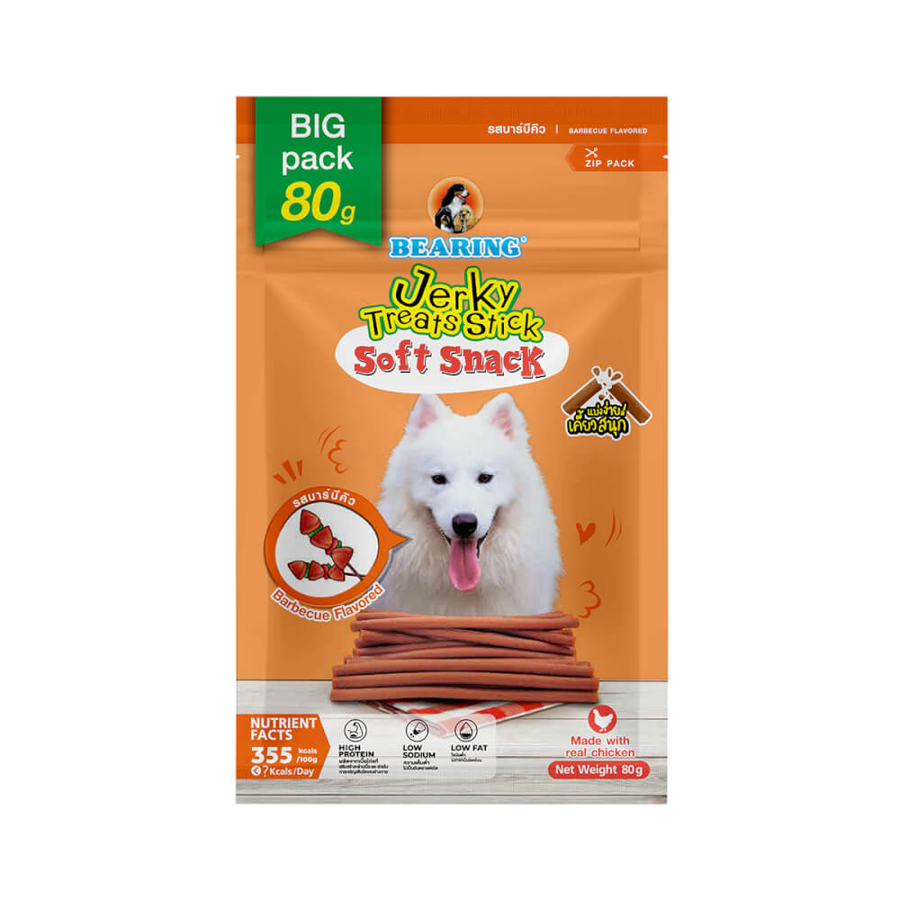 ขนมสุนัข BEARING เนื้อไก่อัดแท่ง สูตร JERKY TREATS SOFT SNACK รสบาร์บีคิว ขนาด 80G_1